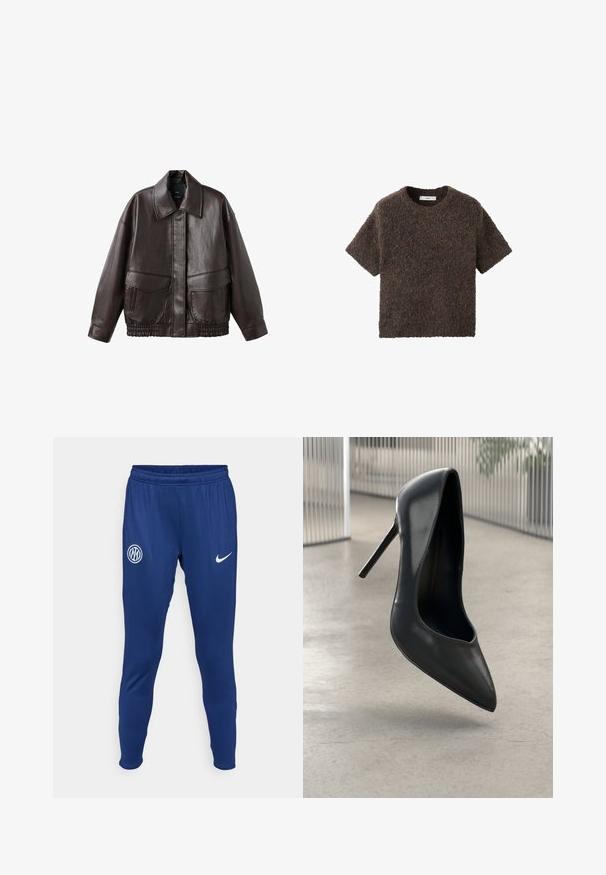 Brown leather jacket with a broad collar, two front pockets, and elastic gathered accents at the hem. Smooth, glossy texture.; Short-sleeve, crew-neck top in a fluffy, textured material. Color is dark brown with subtle variations. Simple, straight-cut design.; Navy blue athletic pants made of smooth fabric. Features a white Nike logo and a round team emblem on the left thigh. Elastic waistband.; Black leather high-heeled pump with pointed toe, sleek design, and no visible hardware. Smooth texture and minimalistic style.