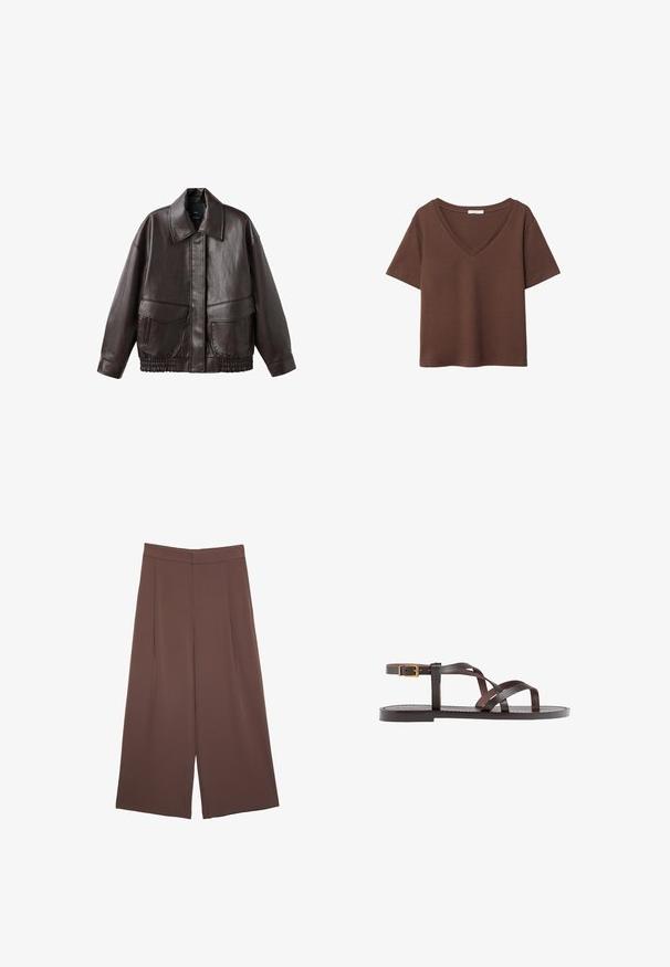 Hnědá kožená bunda s širokým límcem, dvěma předními kapsami a elastickými nařasenými prvky na spodním lemu. Hladká, lesklá textura.; Hnědý bavlněný tričko s krátkými rukávy a hlubokým V-výstřihem. Jednoduchý design, měkká textura a rovný lem. Žádné vzory ani akcenty.; Hnědé široké kalhoty s hladkou texturou, vysokým pasem a předními záhyby. Materiál je lehký a volně splývá.; Hnědé kožené sandály s kříženými pásky, uzavřením na přezku u kotníku a plochou podrážkou s minimem švů.