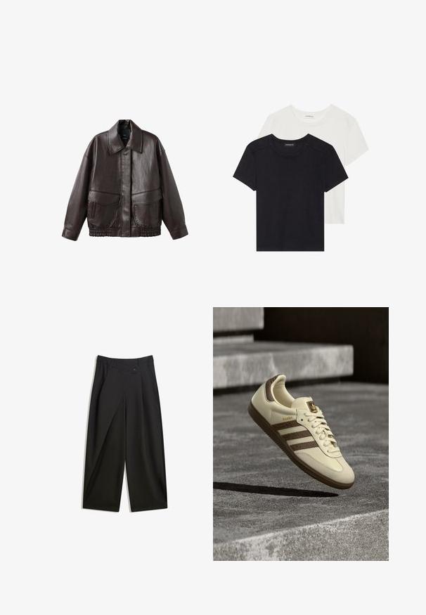 Brown leather jacket with a broad collar, two front pockets, and elastic gathered accents at the hem. Smooth, glossy texture.; Two short-sleeve T-shirts in black and white. Made of soft cotton, featuring a round neckline and standard fit with minimal stitching detail.; Black wide-leg trousers made of smooth fabric. Features a front pleat, button closure, and a tailored waistband for a streamlined fit.; Cream-colored sneaker with brown accents, textured side stripes, and a smooth leather finish. Features a lace-up design and rubber sole.