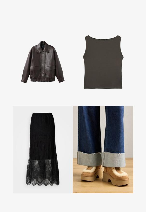 Hnedá kožená bunda so širokým golierom, dvoma prednými vreckami a elastickými zhromaždenými detailmi na spodnom leme. Hladká, lesklá textúra.; Tmavošedý, priliehavý top bez rukávov s okrúhlym výstrihom, vyrobený z hladkej, elastickej látky. Žiadne viditeľné vzory ani detaily.; Čierna maxi sukňa s textúrovanou hornou časťou a čipkovým dolným lemom so kvetinovými vzormi a scalloped okrajmi. Elastický pás.; Hnedé semišové platformové čižmy s krémovým kožúškom, spárované s džínsy s voľnými nohavicami a rozstrapkanými lemami a svetlejším džínovým manžetom.