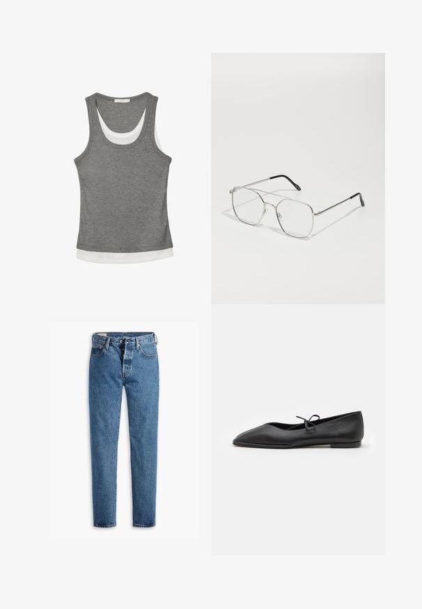 Brown leather jacket with a broad collar, two front pockets, and elastic gathered accents at the hem. Smooth, glossy texture.; Gray tank top made of ribbed fabric, featuring a white layered hem and scoop neckline. The design is sleeveless with a fitted shape.; Light blue denim jeans with a straight cut, five pockets, and standard button-fly closure. Features orange stitching and a slightly faded texture.; ALOHAS SWAY - Ballet pumps - black; Silver metal eyeglasses with a geometric octagonal shape, clear lenses, and black tips on the arms. Minimalist design with thin frames.; Black leather handbag with a structured shape, textured surface, dual handles, and a top zipper closure. No exterior embellishments.