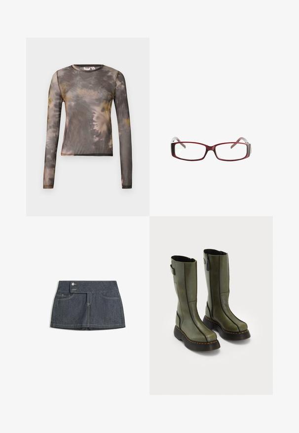 Brown leather jacket with a broad collar, two front pockets, and elastic gathered accents at the hem. Smooth, glossy texture.; Long-sleeve, fitted mesh top in a tie-dye pattern featuring gray, yellow, and muted tones; round neckline and minimal seam detailing.; Dark denim skirt with a high waistband, featuring two front pockets, a button closure, and contrasting stitching along the edges.; Pair of olive green mid-calf leather boots with black thick soles and orange stitching, featuring side zippers and a strap detail on the upper back.; Red rectangular eyeglasses with a sleek design. Clear lenses, slightly translucent temples, and a gradient effect from red to gray.; Black leather handbag with a slouchy shape, featuring silver circular studs and a single shoulder strap. Smooth texture and shiny finish.