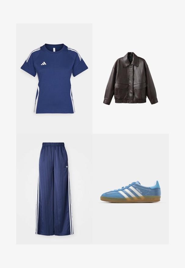 Smeđa kožna jakna s širokim ovratnikom, dva prednja džepa i elastičnim naborima na rubu. Glatka, sjajna tekstura.; Mornarsko plava sportska majica s bijelim bočnim trakama i Adidas logom na prsima. Kratki rukavi i okrugli izrez. Materijal od mješavine pamuka.; Mornarsko plave hlače širokih nogavica s vertikalnim bijelim prugama, elastičnim pojasom i tri bijele pruge duž svake strane, izrađene od laganog materijala.; adidas Originals GAZELLE INDOOR - Tenisice - footwear white