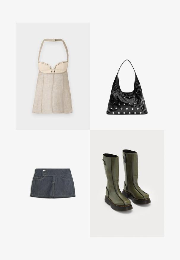 Bruine leren jas met een brede kraag, twee voortassen en elastische gathered accenten aan de onderrand. Gladde, glanzende textuur.; Halter-top in lichtbeige linnen met een gestructureerde buste, voorzien van decoratieve eyelets en een uitlopende, A-lijn silhouet.; Donkerdenim rok met een hoge tailleband, voorzien van twee voorzakken, een knoopsluiting en contrasterende stiksels langs de randen.; Een paar olijfgroene leren laarzen tot halverwege de kuit met zwarte dikke zolen en oranje stiksels, voorzien van zijritsen en een banddetail aan de bovenkant van de achterkant.; Zwarte leren handtas met een slungelige vorm, voorzien van zilveren ronde studs en een enkele schouderriem. Gladde textuur en glanzende afwerking.