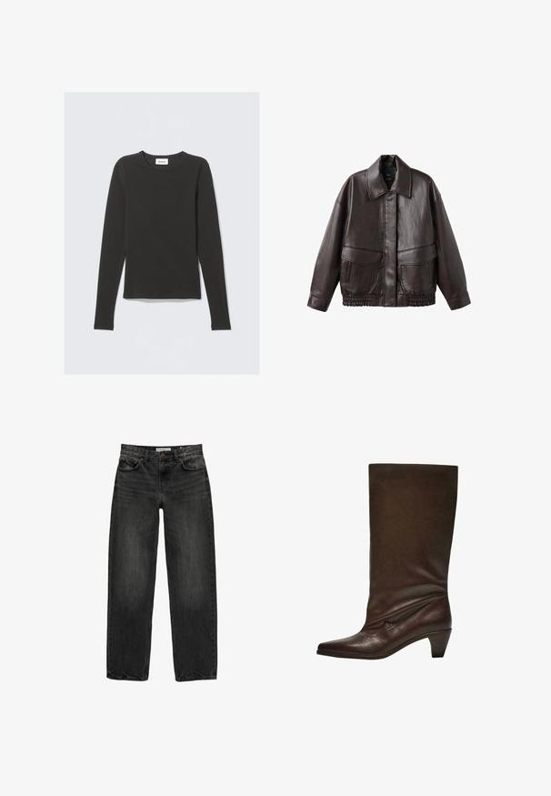 Braune Lederjacke mit breitem Kragen, zwei Fronttaschen und elastisch gerafften Akzenten am Saum. Glatte, glänzende Textur.; Schwarzes Langarmshirt mit Rundhalsausschnitt und einem kleinen weißen Etikett mit der Aufschrift "WEEKDAY" im Kragen, auf einem hellen Hintergrund präsentiert.; Schwarze Jeans aus Denim mit lockerer Passform, geradem Bein, fünf Taschen-Design und einer leicht gewaschenen Textur. Knopf- und Reißverschluss vorne.; Dunkelbraune Lederstiefel bis zur Mitte der Wade mit niedrigem Blockabsatz, spitzem Schuh sowie leicht schlaffem Schaft vor einem weißen Hintergrund.