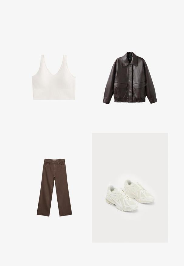 Ruskea nahkatakki, jossa on leveä kaulus, kaksi etutaskua ja joustavat kerroitut yksityiskohdat helman kohdalla. Sileä, kiiltävä pinta.; Valkoinen langaton bralette, jossa on V-pääntie ja teksturoitu kuosi. Suunnittelussa on leveät olkaimet ja saumaton rakenne.; Leviittävät ruskeat farkut, jotka on valmistettu denimistä, korkea vyötärö, etutaskut ja klassinen nappikiinnitys. Silkkinen pinta hienovaraisella ompelutyöllä.; Valkoiset urheilukengät, joissa on verkkomateriaali ja synteettisiä materiaaleja, nauhakuulakesuunnittelu, pehmustettu kaulus ja teksturoitu pohja pidon takaamiseksi. Kevyt rakenne.