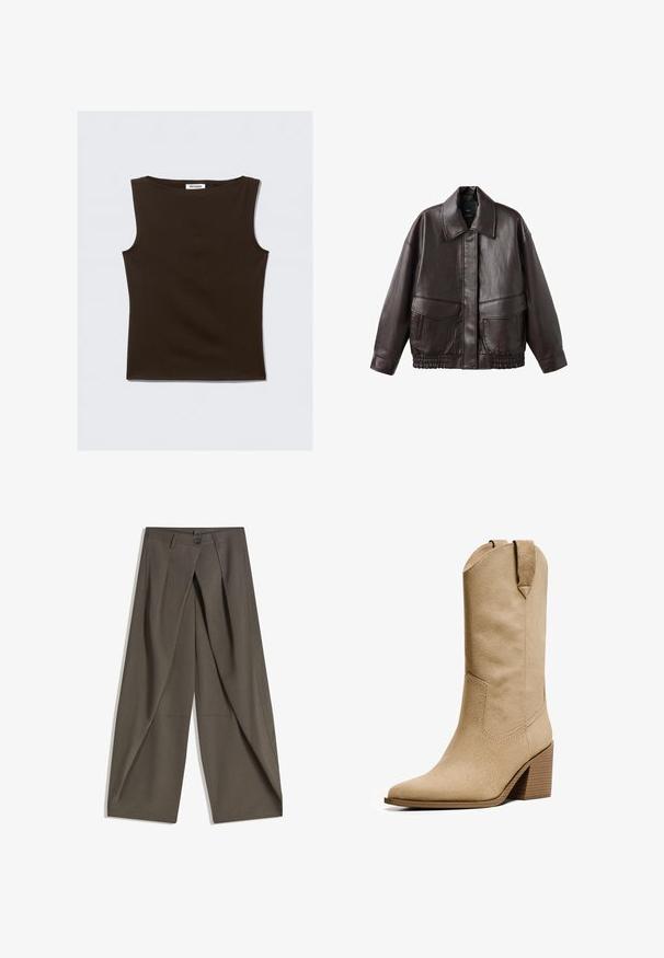 Brown leather jacket with a broad collar, two front pockets, and elastic gathered accents at the hem. Smooth, glossy texture.; Brown sleeveless top made from a stretchy fabric. Features a round neckline and a fitted design with clean edges. Label reads "WEEKDAY."; Wide-leg trousers made of a textured, dark gray fabric. Features a front pleat, button closure, and side pockets for practicality.; Bershka HIGH-HEEL - Cowboy/Biker boots - beige
