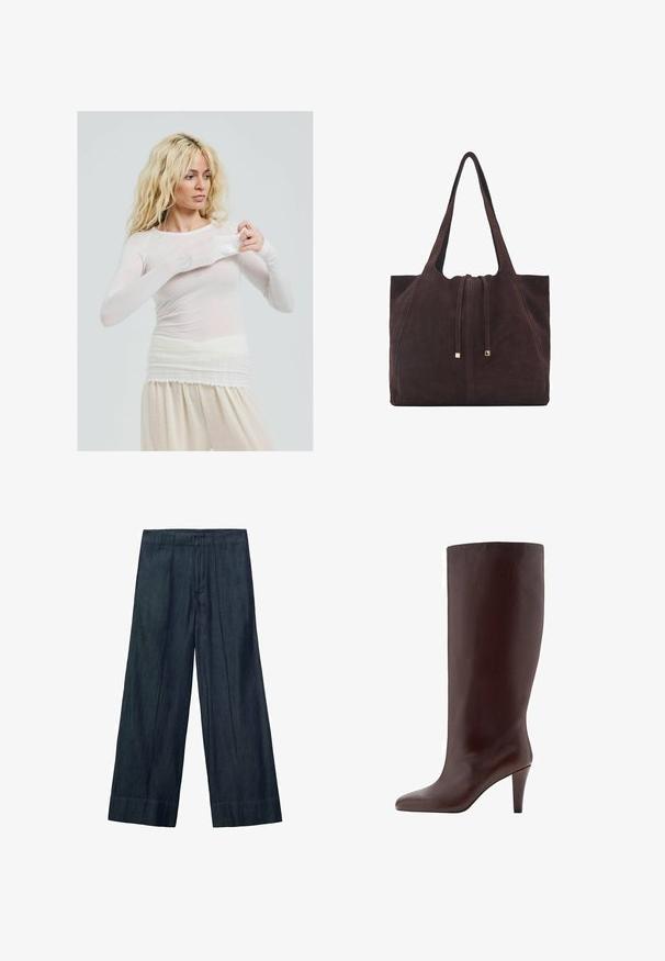 Hnedá kožená bunda so širokým golierom, dvoma prednými vreckami a elastickými zhromaždenými detailmi na spodnom leme. Hladká, lesklá textúra.; Dlhý rukáv, priehľadný biely top s priliehavým strihom. Ľahký materiál s hladkou textúrou. Model si upravuje rukáv, má na sebe krémové nohavice.; Široké nohavice z tmavého denimu s vysokým pásom, prednými záhybmi a hladkým povrchom. Spodný lem je rovný bez ďalších detailov.; Hnedá kožená čižma po kolená s špicatou špičkou a ihlovým podpätkom. Hladká textúra a bezšvový dizajn.; Mango Veľká kabelka - dark brown