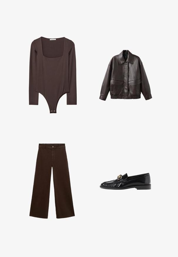 Brown leather jacket with a broad collar, two front pockets, and elastic gathered accents at the hem. Smooth, glossy texture.; Brown long-sleeve bodysuit with square neckline and snap closures at the crotch, made from a smooth, stretchy fabric.; Brown wide-leg trousers in cotton blend, featuring a frayed hem, front button closure, and classic five-pocket design. Minimalistic and versatile.; Black leather loafer with a rounded toe, gathered texture, and gold hardware accent. Flat heel and smooth finish throughout.