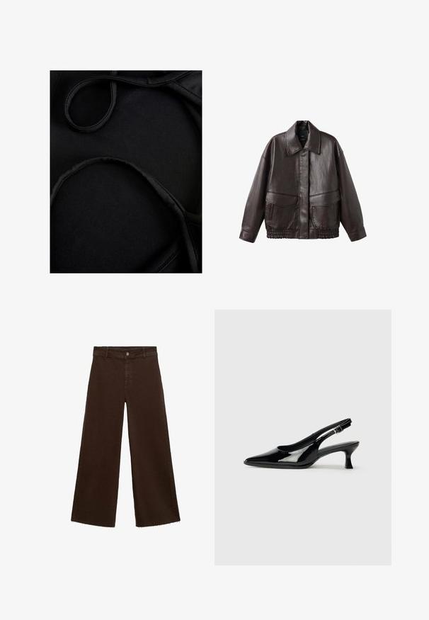 Rjava usnjena jakna z širokim ovratnikom, dvema sprednjima žepoma in elastičnimi nabrano oblikovanimi poudarki na robu. Gladka, sijoča tekstura.; Črn material za kopalke z gladko teksturo, ukrivljenimi naramnicami in ravnimi šivi, zasnovan za udobje in prilagodljivost med uporabo.; Rjave široke hlače iz mešanice bombaža, z raztrganim robom, sprednjim gumbom in klasičnim dizajnom s petimi žepi. Minimalistične in vsestranske.; Črne lakirane slingback čevlje s koničastim nosom in nizko blok peto. Nastavljiv trak s sponko okrog gležnja.