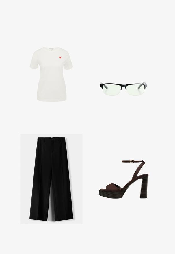 Hnedá kožená bunda so širokým golierom, dvoma prednými vreckami a elastickými zhromaždenými detailmi na spodnom leme. Hladká, lesklá textúra.; Biela bavlnená tričko s krátkymi rukávmi, okrúhlym výstrihom, s malým vyšitým červeným srdcom na ľavej strane hrudníka.; Čierne široké nohavice z ľahkého materiálu, s predným zapínaním na gombík a plochým predným dielom, s pekne ušitými lemami.; Hnedé semišové sandále na vysokom podpätku s otvorenou špičkou, nastaviteľným členkovým remienkom a pruhovanou platformovou podrážkou.; Čierne obdĺžnikové okuliare s priehľadnými sklami, majú elegantné čierne rámy a šedé priehľadné konce straníc. Minimalistický dizajn, bez viditeľného loga.