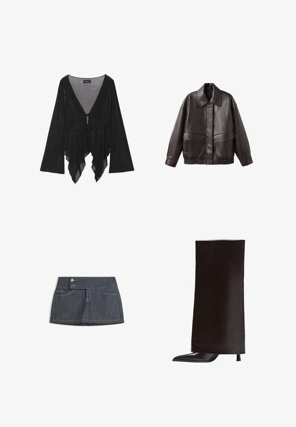 Brown leather jacket with a broad collar, two front pockets, and elastic gathered accents at the hem. Smooth, glossy texture.; Black sheer blouse with long bell sleeves, deep V-neck, and front tie detail. Features a flowing, layered hemline with subtle texture.; Dark denim skirt with a high waistband, featuring two front pockets, a button closure, and contrasting stitching along the edges.; Black knee-high boot made of smooth leather, featuring a pointed toe and a narrow heel. Minimalist design with a sleek, structured silhouette.