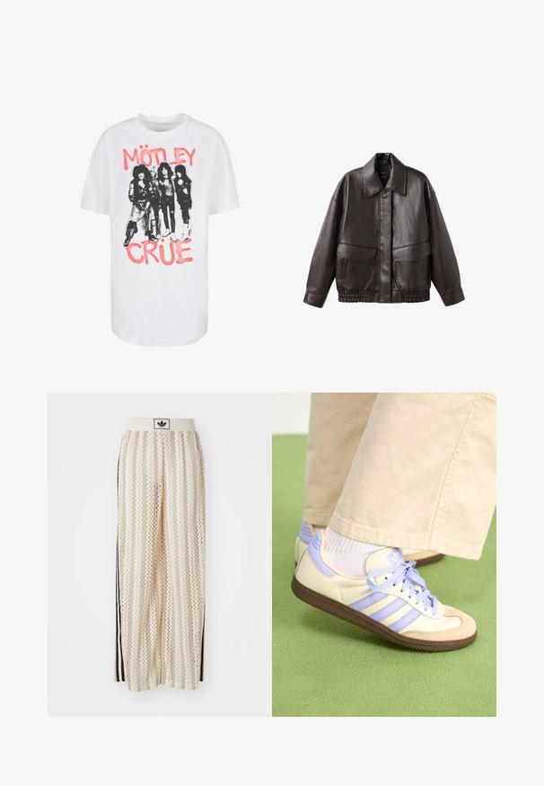 Hnedá kožená bunda so širokým golierom, dvoma prednými vreckami a elastickými zhromaždenými detailmi na spodnom leme. Hladká, lesklá textúra.; Biela bavlnená tričko s čierno-bielou grafikou štyroch postáv, s nápisom "MÖTLEY" a "CRÜE" v ružovom, tučnom písmene nad a pod grafikou.; Béžové nohavice s širokými nohavicami a zigzagovými vzormi, s čiernym logom na páse a bočnými čiernymi pruhmi. Ľahká, textúrovaná látka.; Krémovo-fialové tenisky so tromi pruhmi a štruktúrovanou hnedou podrážkou, s šnúrkami a polstrovaným opätkom. Mäkký textilný zvršok.