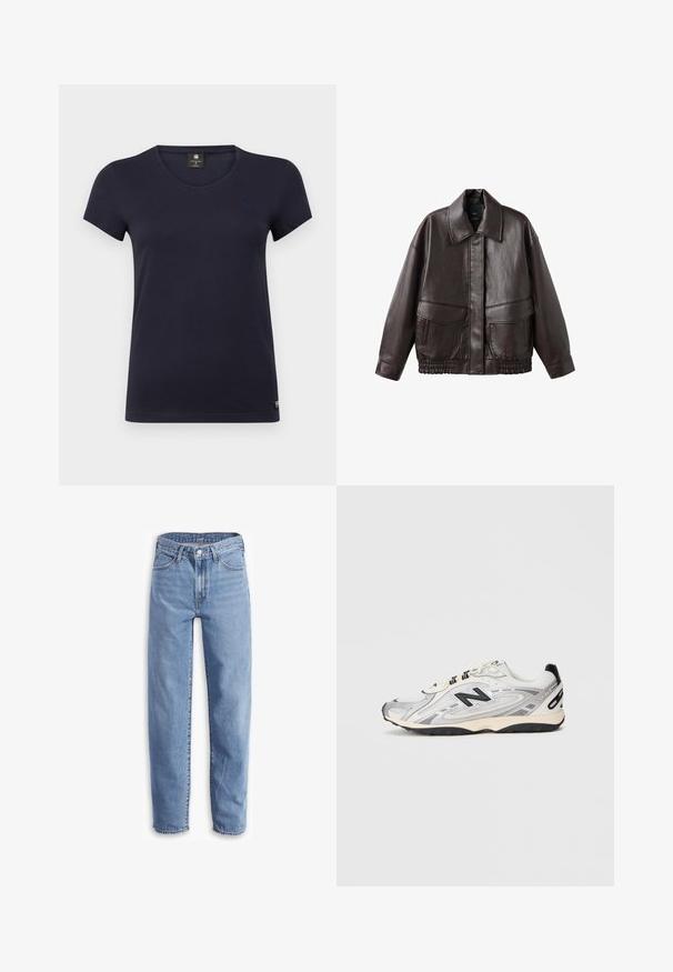 Rjava usnjena jakna z širokim ovratnikom, dvema sprednjima žepoma in elastičnimi nabrano oblikovanimi poudarki na robu. Gladka, sijoča tekstura.; Temno modra kratka majica s kratkimi rokavi in V-izrezom, izdelana iz mehke bombažne tkanine. Ima majhen logotip na zgornji levi strani.; Svetlo modri traper hlače, sproščenega kroja, ravne nogavice, z načrtovanjem petih žepov in raztrganimi robovi za sproščen videz.; Sive in bele športne čevlje z zaobljenim prstom, iz mrežaste in sintetične snovi, črnimi poudarki in texturirano gumijasto podplatom.