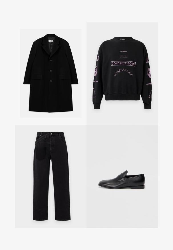 Melnas vilnas virsjakas, kurai ir iegriezts apkakle, pieci pogas, divas priekšējās kabatas un gluda tekstūra, kas sniedzas līdz vidusceļam.; Melna sporta krekliņa ar rozā tekstu, kas ietver "CONCRETE BORN", "UNBREAKABLE" un piedurkņu grafiku ar seju un simboliem.; Melni džinsy ar taisnām kājām, kuriem ir priekšējā pogu aizdare, piecu kabatu stils un viena aizmugures kabata labajā pusē.; Melna ādas slēgta kurpe ar smailu purngalu, gludu virsmu un diskrētu zīmolu uz sāniem. Zems papēdis ar tīru, minimālistisku dizainu.
