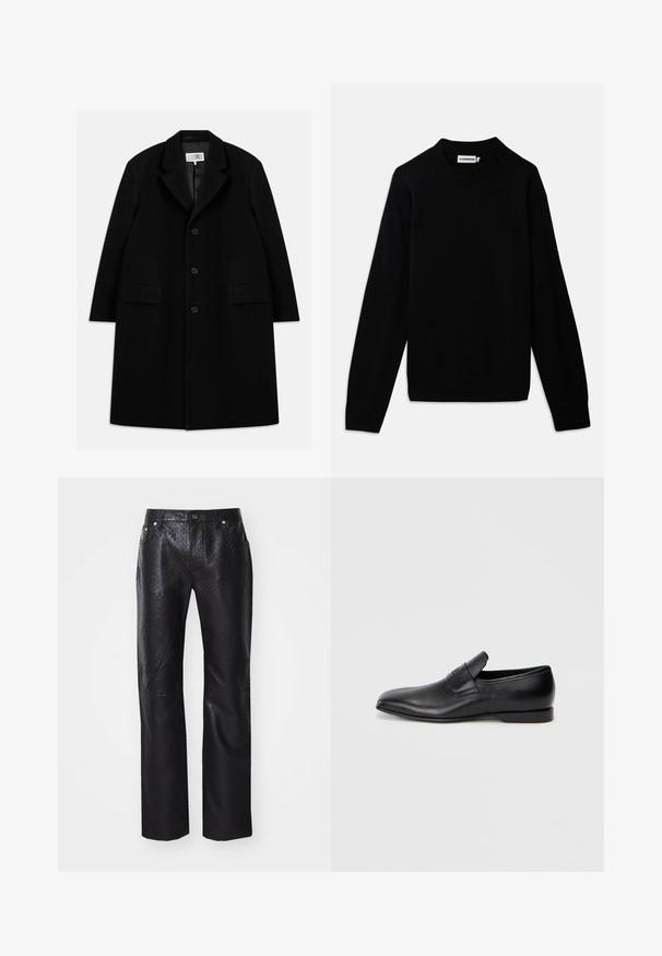 Fekete gyapjú kabát, hézagolt gallérral, öt gombbal, két elülső zsebbel és sima textúrával, mid-thigh hosszúságban.; Fekete pulóver bordázott, kerek nyakkivágással, hosszú ujjal és texturált kötésmintával. Nincsenek látható logók vagy díszítések.; Textúrált anyagból készült fekete nadrág, finom mintázattal. Egyenes szárú kivitel, öt zsebbel és fém részletekkel.; Fekete bőr, slip-on stílusú cipő, hegyes orral, sima textúrával és diszkrét logóval az oldalon. Alacsony sarokkal és letisztult, minimalista dizájnnal.