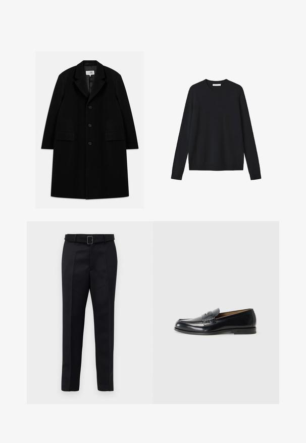 Juodas vilnonis paltas su įpjovimu, penkiais mygtukais, dviem priekinėm kišenėm ir lygiu paviršiumi, siekiantis iki vidurio šlaunies.; Juodas megztinis su ilgomis rankovėmis, apvaliu kaklu ir raukšlėtu apačiu. Minkšta tekstūra, be matomų raštų ar papildomų detalių.; Juodos pritaikytos kelnės turi lygią medžiagą, tiesų kirpimą ir diržą su stačiakampiu sagtimi. Išskirtiniai priekiniai raukšliai pagerina dizainą.; Juoda odinė loaferių pora su lygaus paviršiaus, apvalia nosimi, dekoratyvine siūle ir maža metaline detale priekyje.