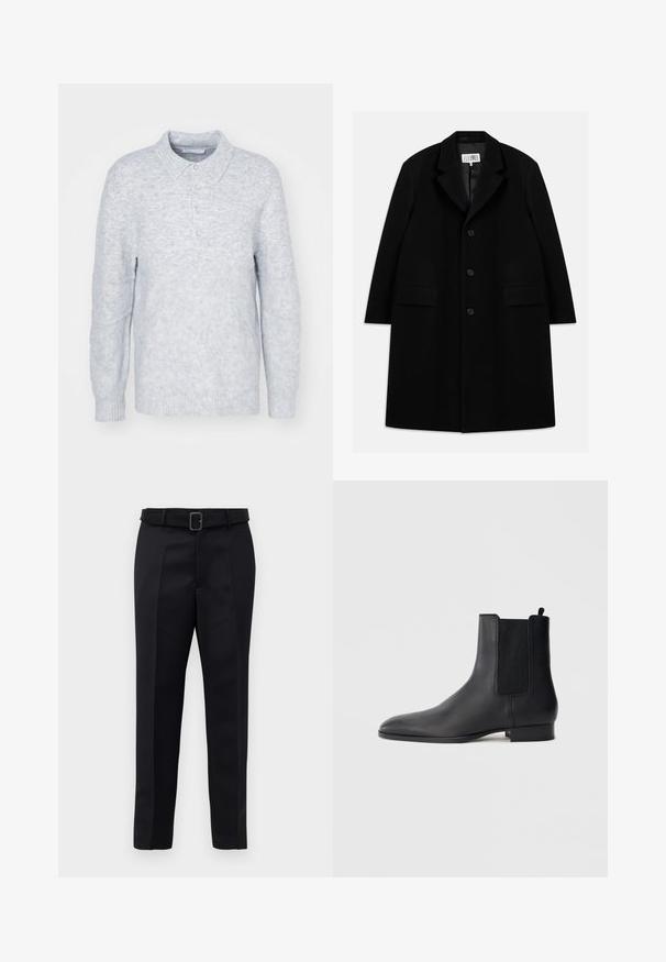 Black wool overcoat featuring a notched collar, five buttons, two front pockets, and a smooth texture, extending to mid-thigh length.; Light gray knitted sweater with a collared neckline, three button placket, and ribbed cuffs, featuring a soft, textured finish.; Black tailored trousers feature a smooth fabric, straight cut, and a belted waist with a rectangular buckle. Notable front creases enhance the design.; Black leather Chelsea boot with elastic side panels and low stacked heel, shown in profile on a plain light background.