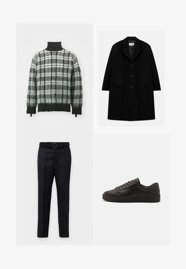 Fekete gyapjú kabát, hézagolt gallérral, öt gombbal, két elülső zsebbel és sima textúrával, mid-thigh hosszúságban.; Szürke és fekete kockás garbó pulóver, puha, texturált felülettel. Könnyed szabású, bordázott mandzsettákkal rendelkezik. Az alján fokozatos színátmenet található.; A fekete, szabott nadrág sima anyagból készült, egyenes szabású, és övvel rendelkezik, amelynek téglalap alakú csatja van. A figyelemre méltó elülső redők fokozzák a dizájnt.; Fekete bőr sneaker lekerekített orral, texturált felülettel, barna fűzőkkel és vastag fekete gumitalppal. Minimalista dizájn, látható logók nélkül.