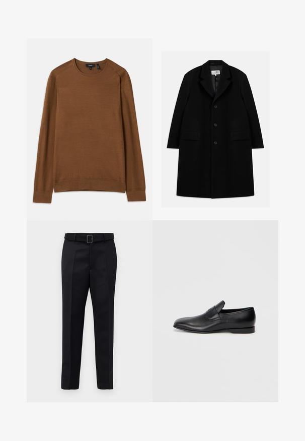 Fekete gyapjú kabát, hézagolt gallérral, öt gombbal, két elülső zsebbel és sima textúrával, mid-thigh hosszúságban.; Barna kötött pulóver, kerek nyakkivágással, hosszú raglán ujjakkal és texturált mintával. Bordás mandzsetta és alj a sportos megjelenésért.; A fekete, szabott nadrág sima anyagból készült, egyenes szabású, és övvel rendelkezik, amelynek téglalap alakú csatja van. A figyelemre méltó elülső redők fokozzák a dizájnt.; Fekete bőr, slip-on stílusú cipő, hegyes orral, sima textúrával és diszkrét logóval az oldalon. Alacsony sarokkal és letisztult, minimalista dizájnnal.