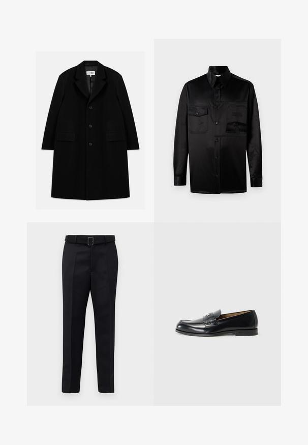 Black wool overcoat featuring a notched collar, five buttons, two front pockets, and a smooth texture, extending to mid-thigh length.; Black long-sleeve shirt made of smooth fabric. Features a pointed collar, front button closure, and two chest pockets with flap.; Black cotton t-shirt with a crew neck, short sleeves, and a rectangular white label featuring numbers and a graphic design.; Black tailored trousers feature a smooth fabric, straight cut, and a belted waist with a rectangular buckle. Notable front creases enhance the design.; Leather loafers in black with a smooth finish, rounded toe, decorative stitching, and a small metal accent on the front.