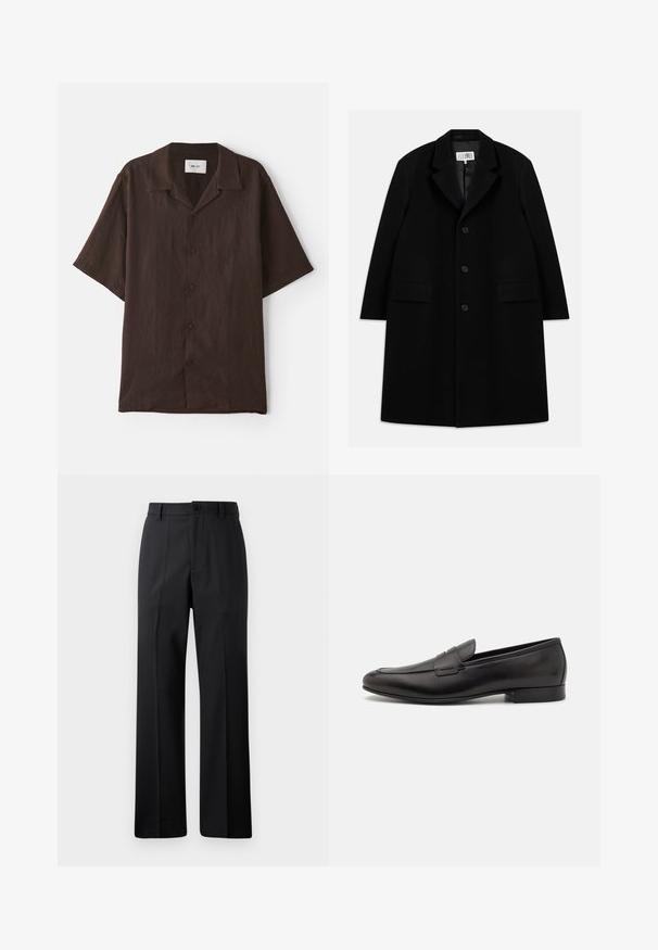 Černý vlněný kabát s klopovým límcem, pěti knoflíky, dvěma předními kapsami a hladkým povrchem, sahající až k délce mid-thigh.; Krátký rukáv, košile na knoflíky z tmavě hnědé látky s plochým límcem. Má volný střih a jemnou texturu. Bez viditelných vzorů nebo akcentů.; Černé kalhoty rovného střihu s poutky na opasek, předním knoflíkem a zipovým zapínáním, vystavené na čistém bílém pozadí.; Černé kožené mokasíny s elegantním designem, zaoblenou špičkou a nízkým podpatkem. Mají dekorativní prošívaný detail na svršku.