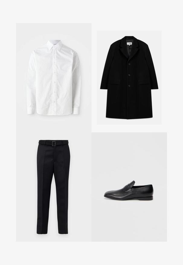 Schwarzer Wollmantel mit Reverskragen, fünf Knöpfen, zwei Fronttaschen und glatter Textur, der bis zur Mitte des Oberschenkels reicht.; Weißes Langarmhemd aus glattem Baumwollstoff mit einem dezenten Punktemuster, klassischem Kragen, Knopfleiste und abgerundeten Manschetten.; Schwarze maßgeschneiderte Hosen aus glattem Stoff, mit geradem Schnitt und einem Bund mit rechteckiger Schnalle. Auffällige Frontfalten betonen das Design.; Schwarzer Leder-Slipper mit spitzer Zehe, glatter Textur und dezentem Branding an der Seite. Niedriger Absatz mit einem klaren, minimalistischen Design.
