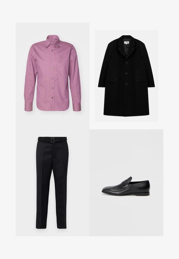 Juodas vilnonis paltas su įpjovimu, penkiais mygtukais, dviem priekinėm kišenėm ir lygiu paviršiumi, siekiantis iki vidurio šlaunies.; Ilgų rankovių marškiniai iš vientiso šviesiai rožinio audinio su subtiliu geometriniu raštu, su mygtukų apykakle ir metaliniais mygtukais.; Juodos pritaikytos kelnės turi lygią medžiagą, tiesų kirpimą ir diržą su stačiakampiu sagtimi. Išskirtiniai priekiniai raukšliai pagerina dizainą.; Juodos odinės slip-on tipo bateliai su smailiu pirštu, lygia tekstūra ir subtiliu ženklinimu šone. Žemas kulnas su tvarkingu, minimalistiniu dizainu.