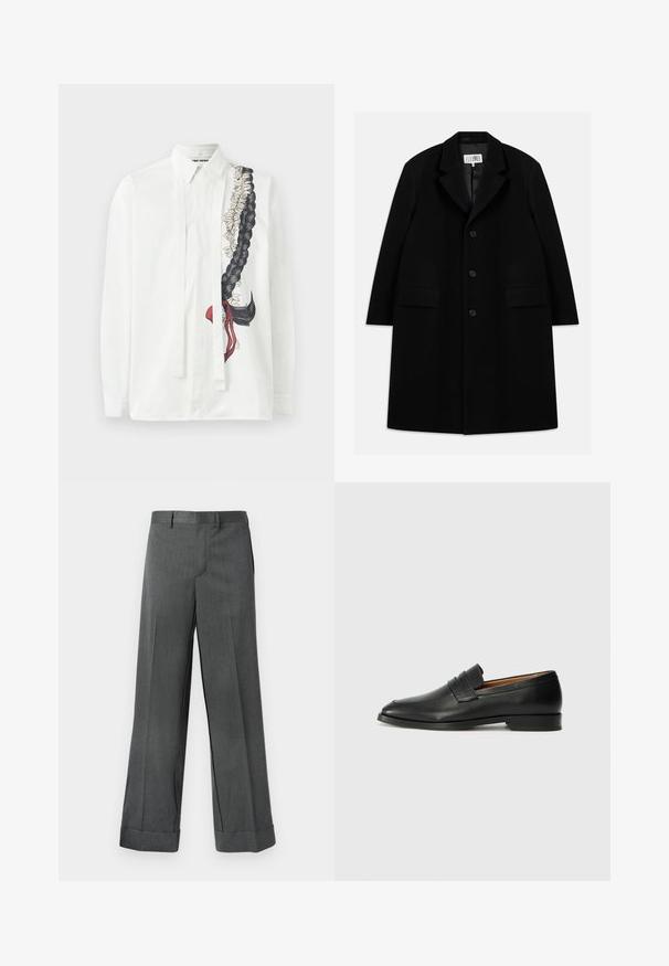 Cappotto in lana nera con colletto a risvolto, cinque bottoni, due tasche frontali e una texture liscia, che arriva a lunghezza fino a metà coscia.; Camicia bianca a maniche lunghe con un motivo a treccia nera e un design floreale in toni delicati, con sottili nastri lungo la patta frontale.; Pantaloni grigi a gamba larga con un tessuto texturizzato, caratterizzati da una parte frontale piatta, passanti per la cintura e orli ripiegati. Design sartoriale senza tasche visibili.; Mocassino in pelle nera con punta arrotondata, dettagli cuciti sottili e tacco basso, caratterizzato da una texture liscia e un design minimalista.