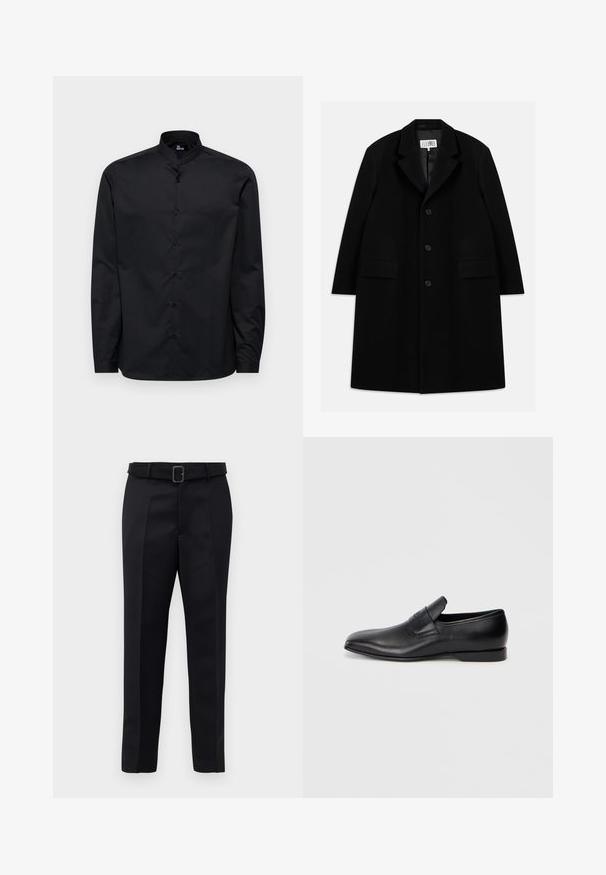 Melnas vilnas virsjakas, kurai ir iegriezts apkakle, pieci pogas, divas priekšējās kabatas un gluda tekstūra, kas sniedzas līdz vidusceļam.; Melnas garām piedurknēm kreklis ar mandarin apkakli, priekšējā pogu aizdare un gluda kokvilnas tekstūra. Nav redzamu rakstu vai papildu akcents.; Melni piegriezti bikses ar gludu audumu, taisnu piegriezumu un jostu ar taisnleņķa sprādzi. Pamanāmie priekšējie iegriezumi uzlabo dizainu.; Melna ādas slēgta kurpe ar smailu purngalu, gludu virsmu un diskrētu zīmolu uz sāniem. Zems papēdis ar tīru, minimālistisku dizainu.