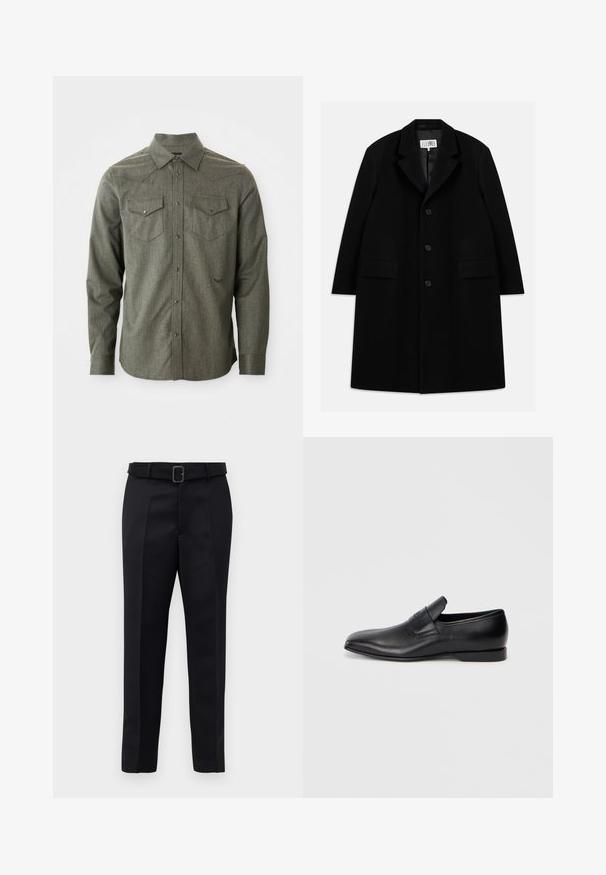 Melnas vilnas virsjakas, kurai ir iegriezts apkakle, pieci pogas, divas priekšējās kabatas un gluda tekstūra, kas sniedzas līdz vidusceļam.; Zaļš, garo piedurknju pogājamais krekls, izgatavots no teksturētas auduma. Iekļauj divas krūšu kabatas un norādītu apkakli ar rietumu stila jostu detaļām.; Melni piegriezti bikses ar gludu audumu, taisnu piegriezumu un jostu ar taisnleņķa sprādzi. Pamanāmie priekšējie iegriezumi uzlabo dizainu.; Melna ādas slēgta kurpe ar smailu purngalu, gludu virsmu un diskrētu zīmolu uz sāniem. Zems papēdis ar tīru, minimālistisku dizainu.