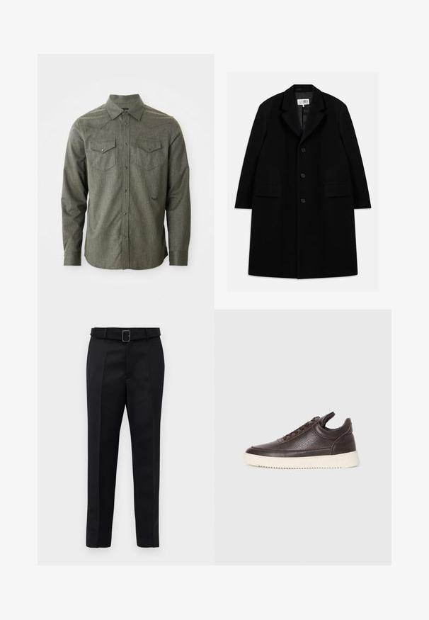 Schwarzer Wollmantel mit Reverskragen, fünf Knöpfen, zwei Fronttaschen und glatter Textur, der bis zur Mitte des Oberschenkels reicht.; Grünes, langärmliges Button-Up-Hemd aus strukturiertem Stoff. Verfügt über zwei Brusttaschen und einen spitzen Kragen mit westernmäßigen Yoke-Details.; Schwarze maßgeschneiderte Hosen aus glattem Stoff, mit geradem Schnitt und einem Bund mit rechteckiger Schnalle. Auffällige Frontfalten betonen das Design.; Dunkelbraune, strukturiert Leder-Sneaker mit Schnürung und weißer, gerippter Gummisohle vor einem schlichten, hellen Hintergrund.