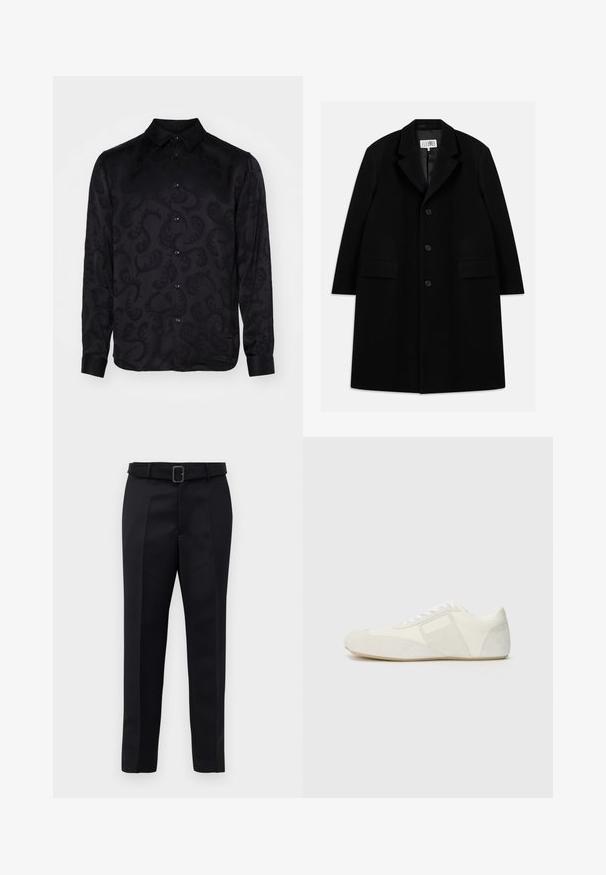 Čierny vlnený kabát s vystrihom, piatimi gombíkmi, dvoma prednými vreckami a hladkým povrchom, s dĺžkou po stred stehna.; Čierna košeľa s dlhými rukávmi s jemným textúrovaným paisley vzorom, s špicatým golierom a zapínaním na gombíky. Hladká látka.; Čierne nohavice na mieru majú hladkú tkaninu, rovný strih a opasok s obdĺžnikovou sponou. Výrazné predné skladky zvýrazňujú dizajn.; Biele športové topánky so štýlovým dizajnom, s nubukovou špičkou, koženými panelmi a kontrastnými textúrovanými akcentmi. Plná gumová podrážka.