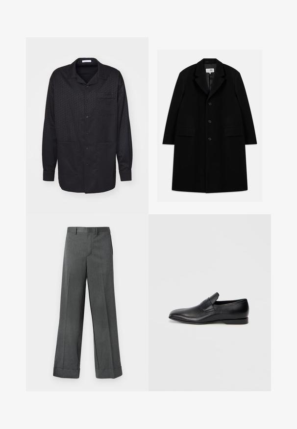 Mustasta villakangastakista, jossa on viisteellinen kaulus, viisi nappia, kaksi etutaskua ja sileä pinta, ulottuu reiden puoliväliin saakka.; Mustat napitettava paita, jossa on hienovarainen tekstuuri, pitkät hihat, lovellinen kaulus ja yksi rintatasku. Pehmeä kangas ja klassinen muotoilu.; Harmaat, leveälahkeiset housut, joissa on teksturoitu kangas, tasaiainen etuosa, vyölenkit ja käännetyt lahkeet. Muotoilultaan hienostuneet ilman näkyviä taskuja.; Musta nahkainen liukukengä, jossa on terävä kärki, sileä pinta ja huomaamaton brändäys sivussa. Matala korko ja siisti, minimalistinen muotoilu.