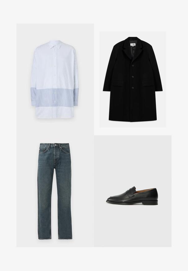 Crni vuneni kaput s nazubljenim ovratnikom, pet gumba, dva prednja džepa i glatkom teksturom, koji seže do sredine butina.; Svijetloplena košulja dugih rukava s vertikalnim prugama, koja ima kontrastne horizontalne pruge na dnu.; Tamno plave traperice s ravnim nogavicama, koje imaju pet džepova, zatvaranje na dugme i kontrastne šavove.; Crni kožni loafer s okruglim vrhom, suptilnim šavovima i niskim petama, s glatkom teksturom i minimalističkim dizajnom.