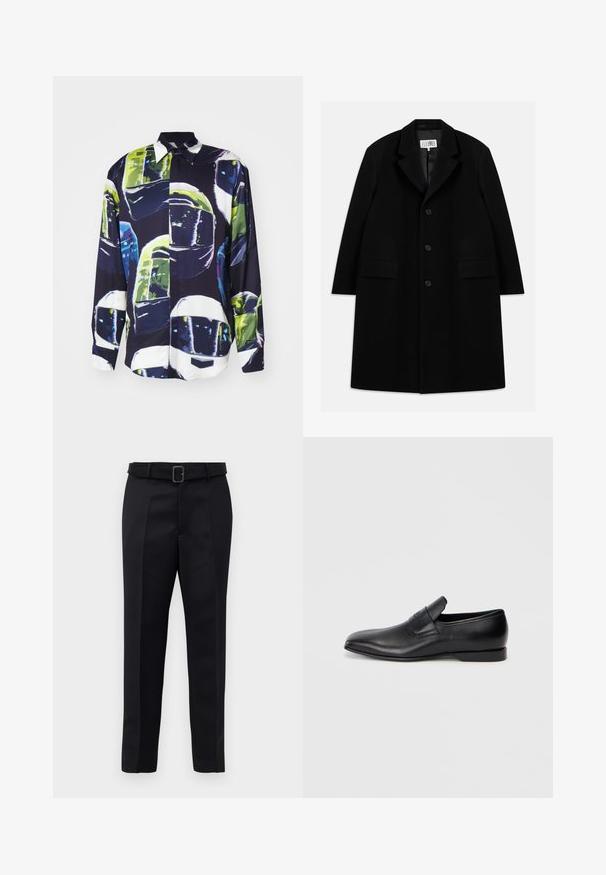 Juodas vilnonis paltas su įpjovimu, penkiais mygtukais, dviem priekinėm kišenėm ir lygiu paviršiumi, siekiantis iki vidurio šlaunies.; MSGM CAMICIA - Marškiniai - black; Juodos pritaikytos kelnės turi lygią medžiagą, tiesų kirpimą ir diržą su stačiakampiu sagtimi. Išskirtiniai priekiniai raukšliai pagerina dizainą.; Juodos odinės slip-on tipo bateliai su smailiu pirštu, lygia tekstūra ir subtiliu ženklinimu šone. Žemas kulnas su tvarkingu, minimalistiniu dizainu.
