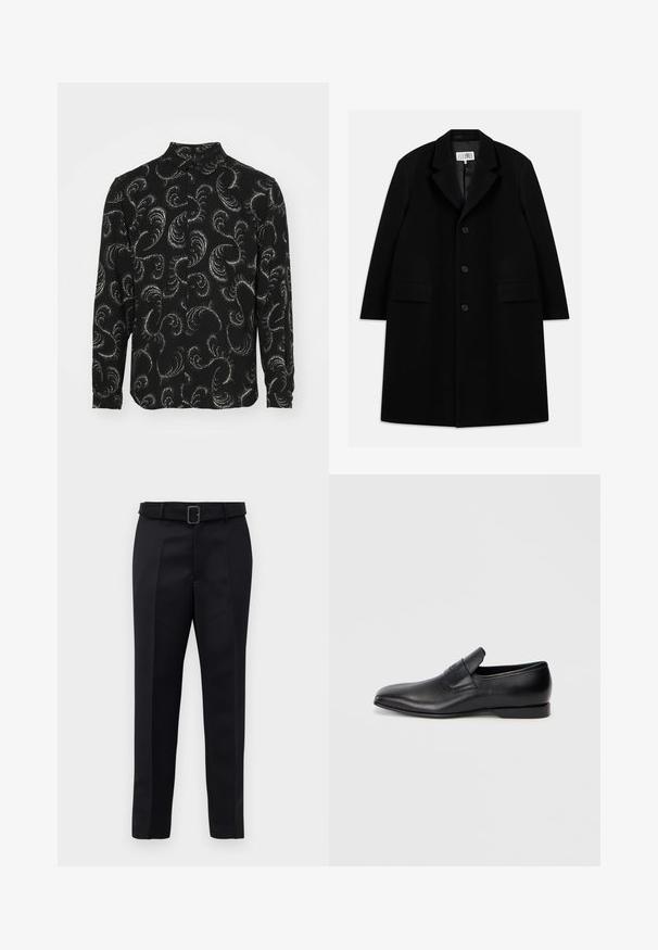 Must värviline villane ülerõivast, millel on nurgeline krae, viis nuppu, kaks esimist taskut ja sile tekstuur, ulatudes keskmise reie pikkuseni.; Mustmust tumehedane särk, millel on valged tormilised paisley mustrid, pikad varrukad ja tavapärane kaelus, valmistatud kergest kangast.; Mustad mustad püksid on valmistatud siledast kangast, sirgelt lõigatud ja beldiga vöökoht, millel on ristkülikukujuline pandla. Märkimisväärsed esisellukid täiustavad disaini.; Must musta libisemisega king, millel on terav varvas, sile tekstuur ja tagasihoidlik bränding küljel. Madal konts puhta ja minimalistliku disainiga.