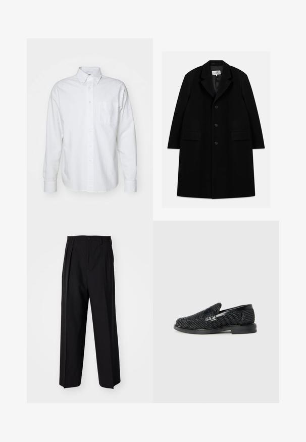 Zwarte wollen overjas met een gelapte kraag, vijf knopen, twee voorkiezen en een gladde textuur, die tot op midden-dij lengte reikt.; Witte overhemden van katoen, met een puntkraag, lange mouwen, een enkele borstzak en een subtiele lichte textuur.; Zwarte geplooide broeken met een rechte, brede pijpontwerp. Gemaakt van soepele stof, met een knoopsluiting en riemlussen.; Zwartegeweven instap schoenen met een glad leren accent aan de bovenkant, een ronde neusontwerp en een laag profiel rubberen zool.