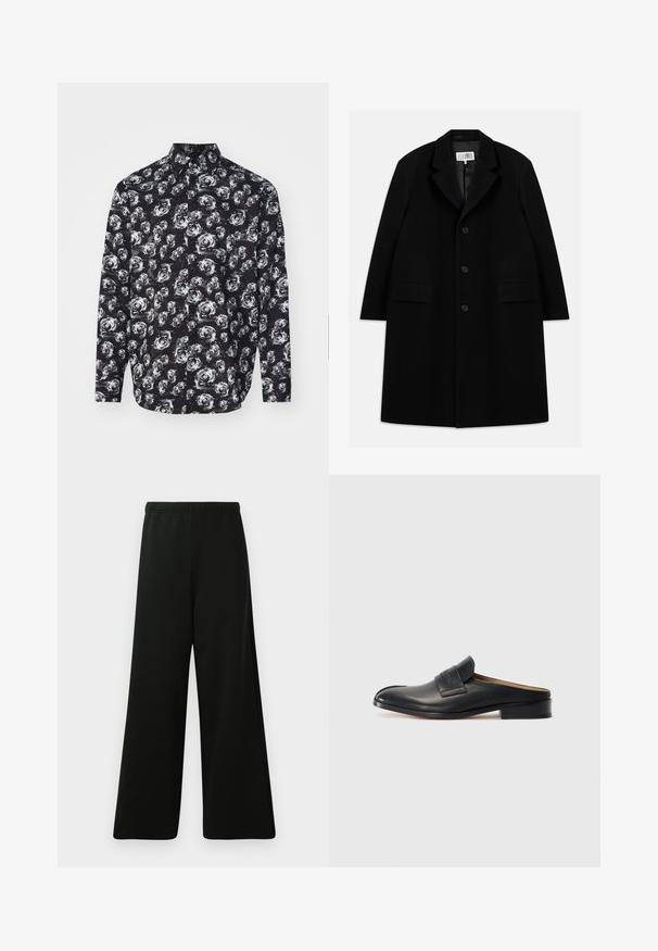 Abrigo de lana negro con cuello de muesca, cinco botones, dos bolsillos frontales y una textura suave, que llega hasta la mitad del muslo.; Camisa negra de manga larga con un patrón de rosas blancas, cuello con solapa y cierre de botones en la parte delantera. Fabricada en tejido ligero con una textura suave.; Pantalones de pierna ancha negros hechos de un tejido suave. Cuentan con una cintura elástica, una textura suave y un diseño simple y moderno sin patrones.; Zapato negro de piel sin cordones, con punta redondeada, tacón bajo y correa frontal. Textura suave con un sutil detalle del logotipo en la correa.