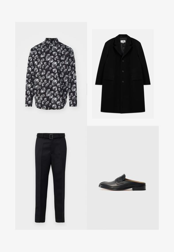 Mustasta villakangastakista, jossa on viisteellinen kaulus, viisi nappia, kaksi etutaskua ja sileä pinta, ulottuu reiden puoliväliin saakka.; Musta pitkähihaine paita, jossa on valkoinen ruusukuosi, kauluspanta ja napitettava etuosa. Valmistettu kevyestä kankaasta, jossa on sileä rakenne.; Mustat räätälöidyt housut on valmistettu sileästä kankaasta, niissä on suora leikkaus ja vyötäröllä solki, jossa on suorakulmainen muoto. Huomattavat etu taitteet parantavat muotoilua.; Musta nahkainen slip-on-kengät, joissa on pyöristetty kärki, matala korko ja etuolka. Suora pinta, jossa on hienovarainen logoyksityiskohta hihnassa.