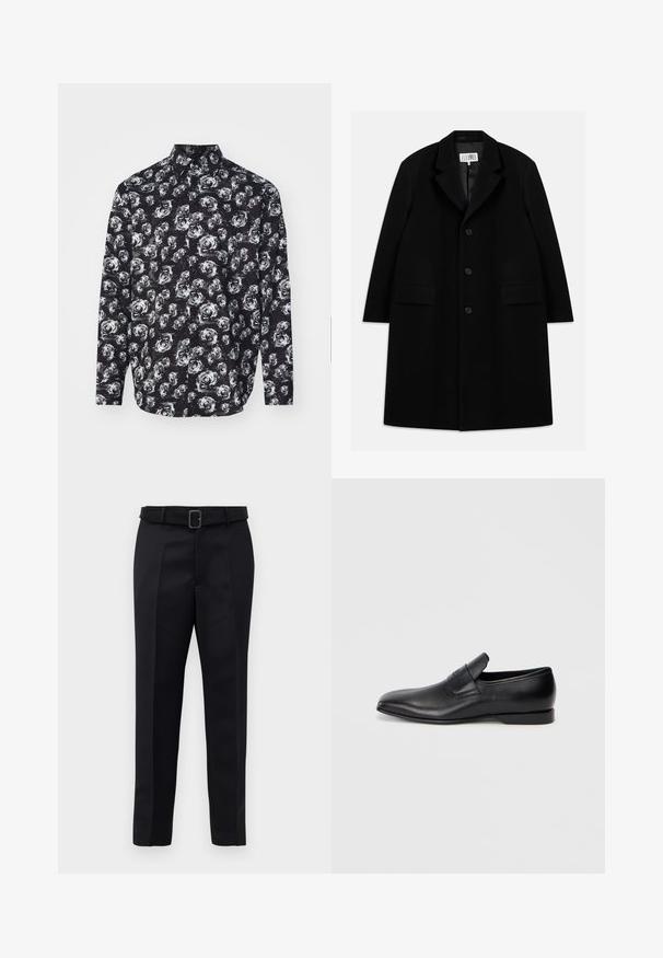 Must värviline villane ülerõivast, millel on nurgeline krae, viis nuppu, kaks esimist taskut ja sile tekstuur, ulatudes keskmise reie pikkuseni.; Musta pikkade varrukatega särk, millel on valge roosi muster, kraega ja nööpidega esiosa. Valmistatud kergest kangast, millel on sile tekstuur.; Mustad mustad püksid on valmistatud siledast kangast, sirgelt lõigatud ja beldiga vöökoht, millel on ristkülikukujuline pandla. Märkimisväärsed esisellukid täiustavad disaini.; Must musta libisemisega king, millel on terav varvas, sile tekstuur ja tagasihoidlik bränding küljel. Madal konts puhta ja minimalistliku disainiga.