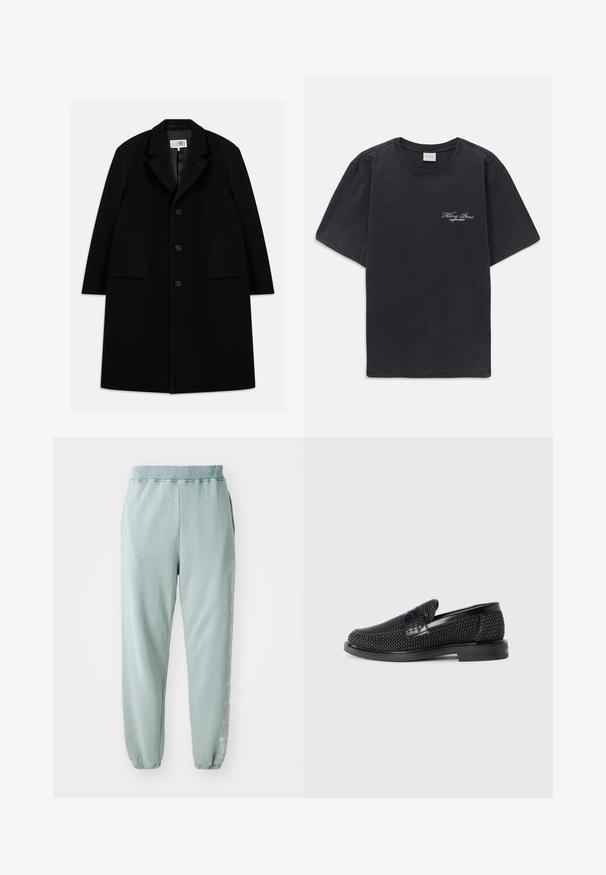 Melnas vilnas virsjakas, kurai ir iegriezts apkakle, pieci pogas, divas priekšējās kabatas un gluda tekstūra, kas sniedzas līdz vidusceļam.; Melna īsās piedurknes T-kreklā ar mazu balto "Filling Pieces" tekstu logotipu uz kreisā krūšu.; Gaiši zaļas sporta bikses no mīkstas kokvilnas, ar elastīgu jostu, sānu kabatām un diskrētu grafisku noformējumu gar vienu kāju.; Melnas austas slaidu kurpes ar gludu ādas akcentu augšpusē, apaļas formas purngalu un zemas profila gumijas zoli.