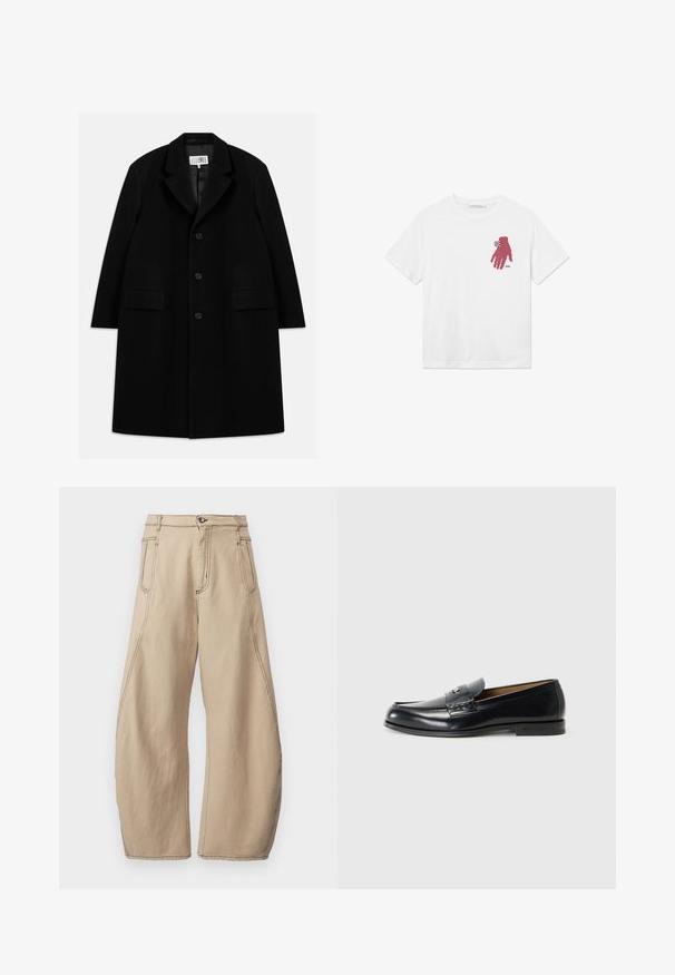 Melnas vilnas virsjakas, kurai ir iegriezts apkakle, pieci pogas, divas priekšējās kabatas un gluda tekstūra, kas sniedzas līdz vidusceļam.; Balta kokvilnas T-kreklā, kurā ir rozā pikselizēta rokas grafika uz kreisā krūts, ar melnbaltu šaha raksta akcentu pie plaukstas.; Henrik Vibskov SHADE PANTS - Brīva piegriezuma džinsi - tan; Melnas ādas loafers ar gludu apdari, noapaļotu purngalu, dekoratīvo šuvi un mazu metāla akcentu priekšā.