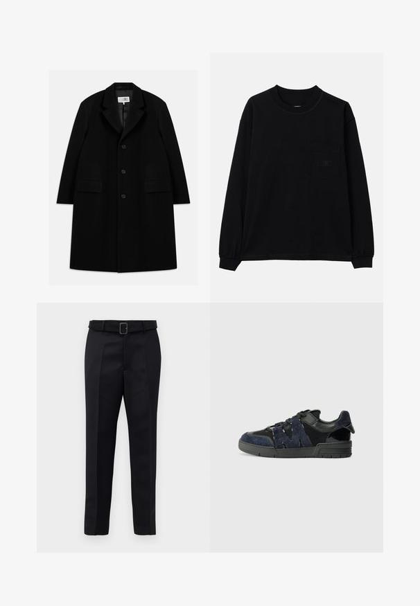 Manteau en laine noire avec col en pointe, cinq boutons, deux poches avant et une texture lisse, s'étendant jusqu'à mi-cuisse.; T-shirt noir à manches longues en coton, avec un col rond, une poche sur la poitrine gauche et des poignets élastiques. Design minimaliste sans motifs.; Un pantalon noir ajusté en tissu lisse, à coupe droite, avec une taille ceinturée et une boucle rectangulaire. Des plis avant notables accentuent le design.; Des baskets noires et bleu marine en suède et en maille, avec une semelle épaisse et un détail découpé en "M" bien visible sur le côté.