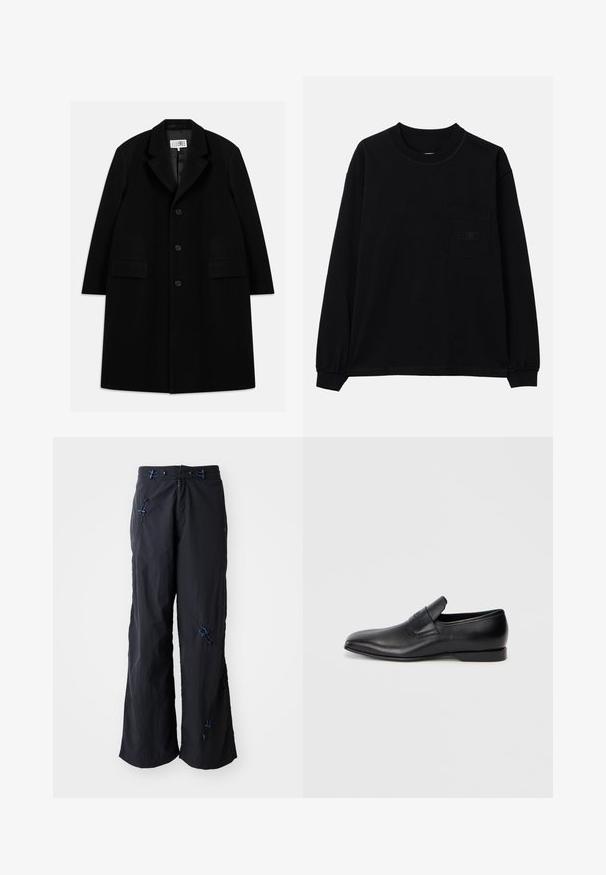 Mustasta villakangastakista, jossa on viisteellinen kaulus, viisi nappia, kaksi etutaskua ja sileä pinta, ulottuu reiden puoliväliin saakka.; Musta pitkähihaine T-paita, joka on valmistettu puuvillasta, jossa on pyöreä kaula-aukko, vasemmalla puolella rintatasku ja joustavat hihansuut. Minimalistinen muotoilu ilman kuvioita.; Mustat, kevyet, leveälahkeiset housut, joissa on teksturoitu pinta. Siniset korostukset ja säätötangot säädettävyyttä varten. Vetoketjukiinnitys.; Musta nahkainen liukukengä, jossa on terävä kärki, sileä pinta ja huomaamaton brändäys sivussa. Matala korko ja siisti, minimalistinen muotoilu.