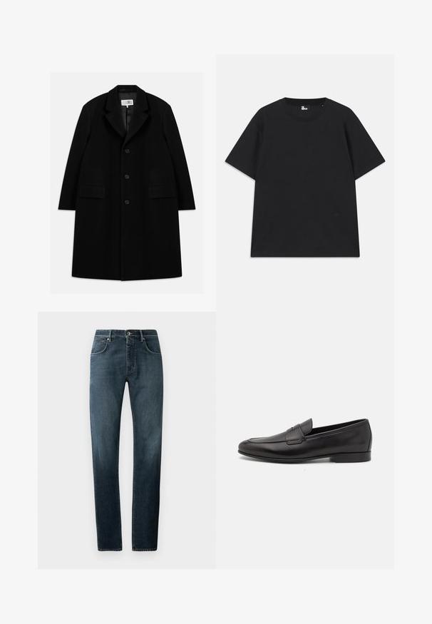 Czarny wełniany płaszcz z wyłogowym kołnierzem, pięcioma guzikami, dwoma przednimi kieszeniami i gładką fakturą, sięgający do połowy uda.; Czarna koszulka z krótkim rękawem wykonana z bawełny, z okrągłym dekoltem i małym detalem logo blisko dolnej krawędzi. Gładka faktura, standardowy krój.; Ciemne dżinsy o prostym kroju, klasyczny pięciokieszeniowy design, kontrastowe przeszycia oraz subtelny efekt zblaknięcia na udach.; Czarne skórzane męskie loafersy z niskim obcasem i klasycznym paskiem penny, przedstawione w profilu bocznym na białym tle.