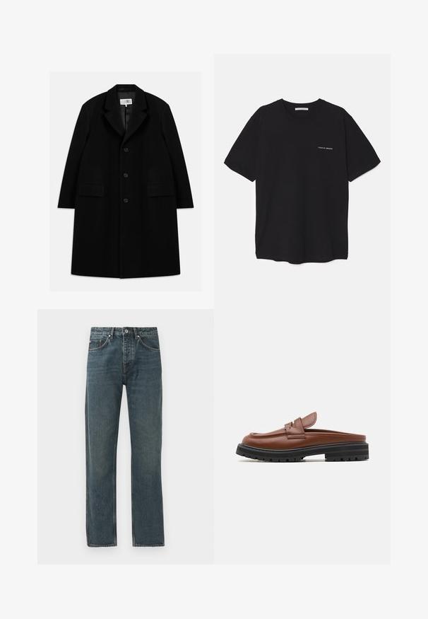 Must värviline villane ülerõivast, millel on nurgeline krae, viis nuppu, kaks esimist taskut ja sile tekstuur, ulatudes keskmise reie pikkuseni.; Must musta T-särk, ümar kaelus, lühikesed varrukad ja valge logo trükk vasakul rinnal. Lihtne, ühtlane värvitoon.; Tumed sinine denimist teksad sirge jala disainiga, viie tasku, nööbiga sulgemise ja kontrastsete õmbluse detailidega.; Marni SABOT - Jalga libistatavad jalanõud - cognac