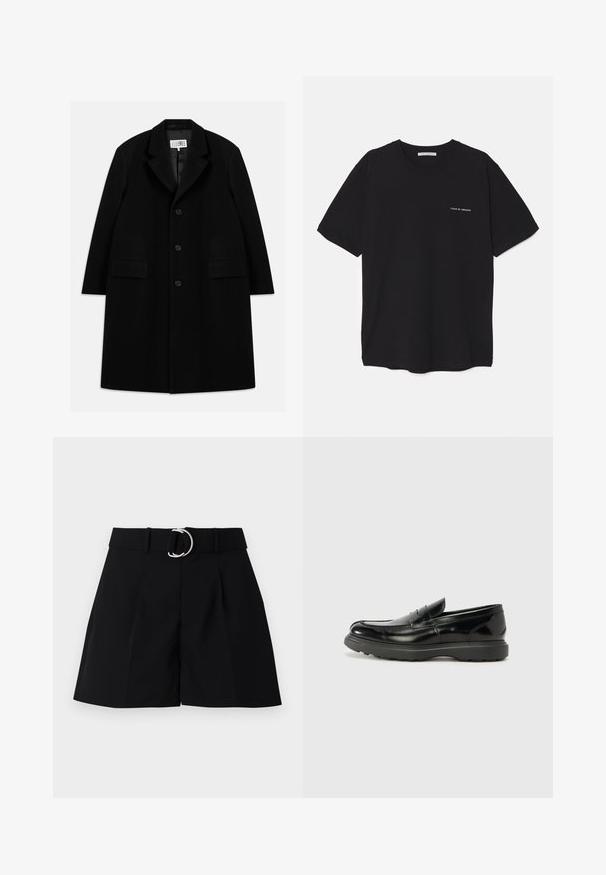 Melnas vilnas virsjakas, kurai ir iegriezts apkakle, pieci pogas, divas priekšējās kabatas un gluda tekstūra, kas sniedzas līdz vidusceļam.; Melnas kokvilnas T-krekls ar apaļu kaklu, īsām piedurknēm un baltu logotipa uzdruku kreisajā krūtī. Vienkāršs, vienkrāsains dizains.; Melni šorti, kas izgatavoti no austas auduma. Iezīmē plašu jostasvietu ar sudraba apaļu sprādzi, priekšpusē ir krokas un taisna griezuma formas.; Melnas ādas loafers ar spīdīgu apdari, noapaļota pirksta forma, smalkas šuvju detaļas un bieza gumijas zole ilgstošai lietošanai.