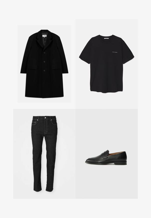 Mustasta villakangastakista, jossa on viisteellinen kaulus, viisi nappia, kaksi etutaskua ja sileä pinta, ulottuu reiden puoliväliin saakka.; Musta puuvillapaita, jossa on pyöreä kaula-aukko, lyhyet hihat ja valkoinen logopainatus vasemmassa rinnassa. Yksinkertainen, tasavärinen design.; Musta slim-fit farkut etupainikkeella, vyölenkeillä ja viidellä taskulla, esillä yksinkertaista valkoista taustaa vasten.; Musta nahkainen loafer, jossa on pyöreä kärki, hienovarainen ommelkoristelu ja matala korko, joka on varustettu sileällä pinnalla ja minimalistisella designilla.