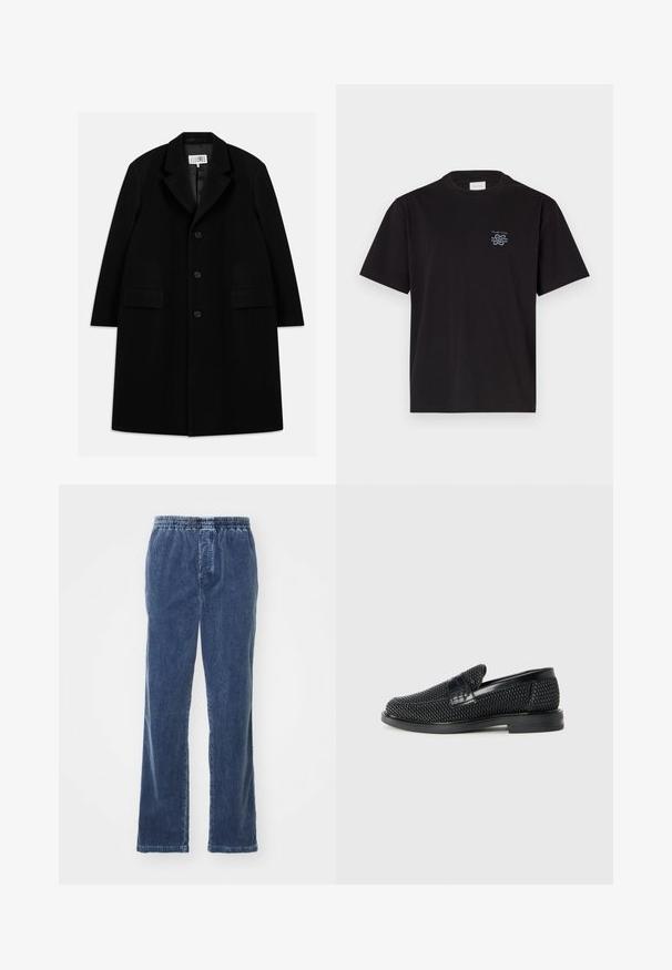 Fekete gyapjú kabát, hézagolt gallérral, öt gombbal, két elülső zsebbel és sima textúrával, mid-thigh hosszúságban.; Fekete pamut póló kerek nyakkal és rövid ujjakkal. Bal mellen egy kis kék logó található. Egyszerű, egyenes szabású dizájn.; ASPESI PANTALONE - Nadrágok - denim; Fekete szőtt slip-on cipő sima bőr díszítéssel a felsőrészen, kerek orral és alacsony profilos gumitalppal.